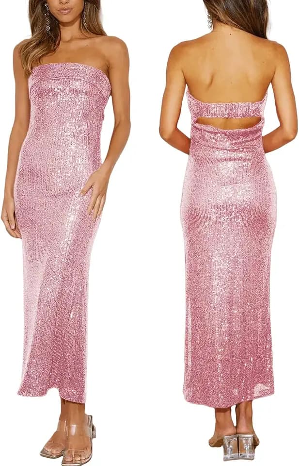 Women Strapless midi Sequin Dresses Bodycon Sleeveless Wedding Guest Sparkly Glitter Formal Cocktail Dress