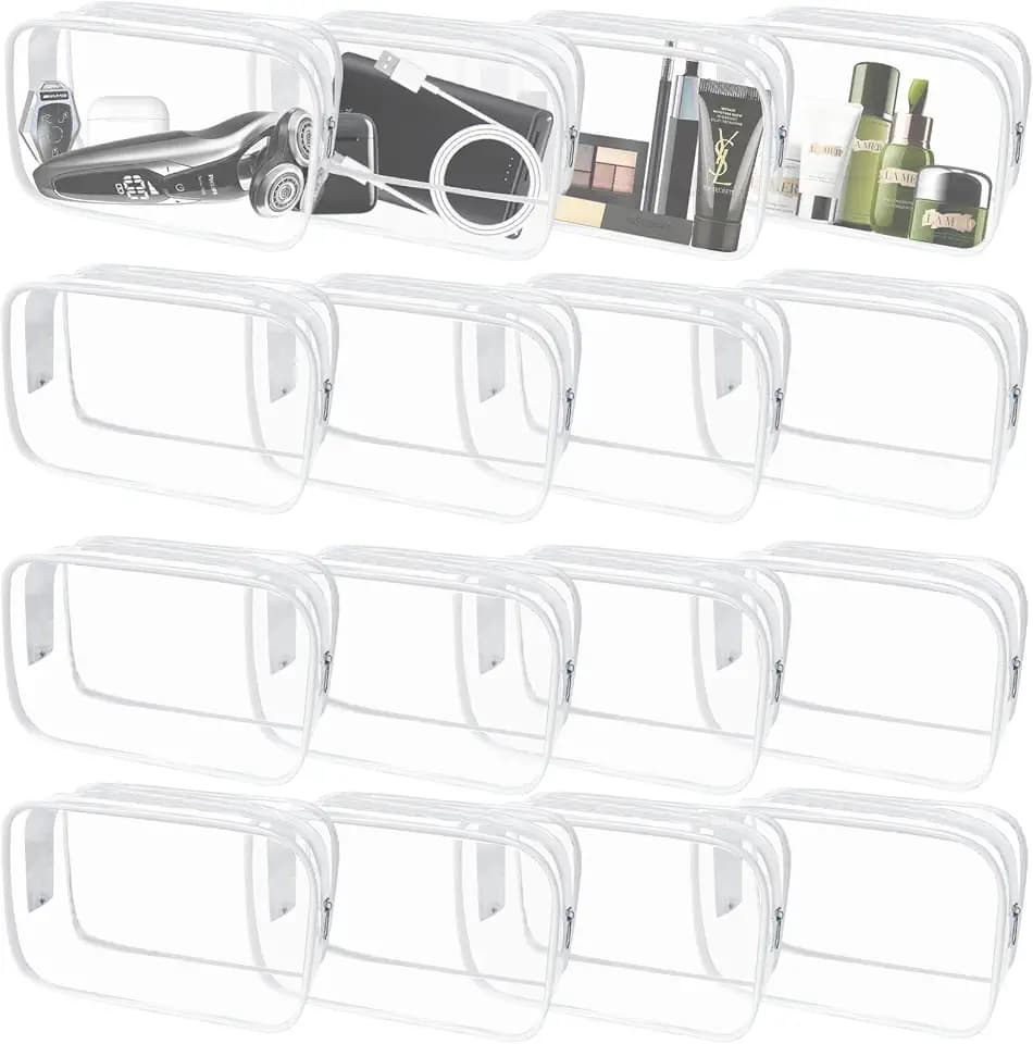 16 Pieces Clear Makeup Bags Bulk, TSA Approved Toiletry Bag for Travel, PVC Waterproof Cosmetic Pouches Clear Pouch with Zipper for Men and Women Carry-on Travel Essentials Cosmetic Bags (White-M)