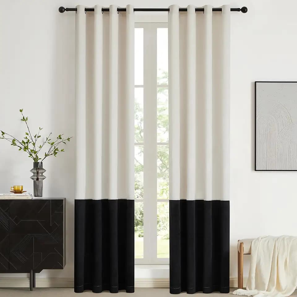 Modern Cream White Black Decorative Velvet Curtains 108 inches 2 Panels
