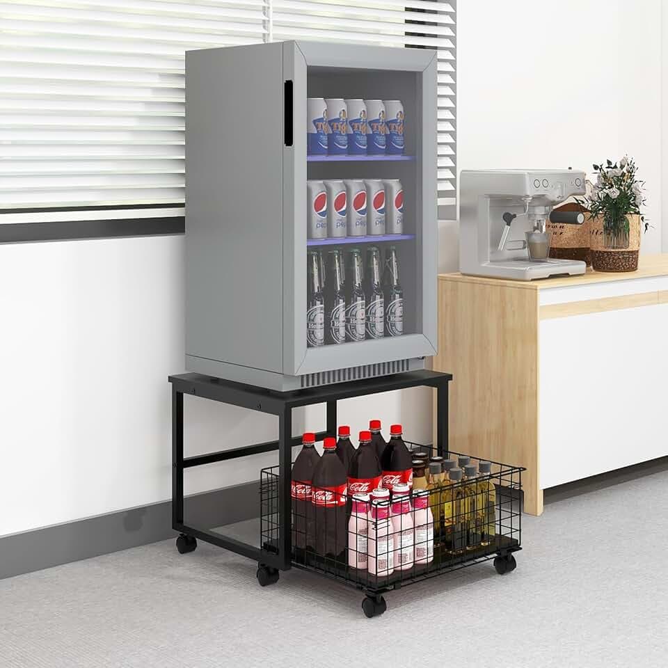 PUNCIA 19.7"x19.7" Mobile Fridge Stand with Foldable Basket, Black