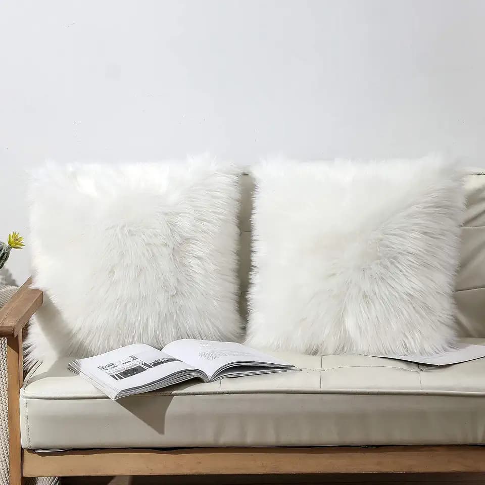 OYIMUA Fluffy Decorative Throw Pillow Covers White 16×16, Faux Fur Farmhouse Luxury Pillow Cases,Soft Plush Fuzzy Cushion Covers for Sofa Couch Living Room Bedroom Set of 2
