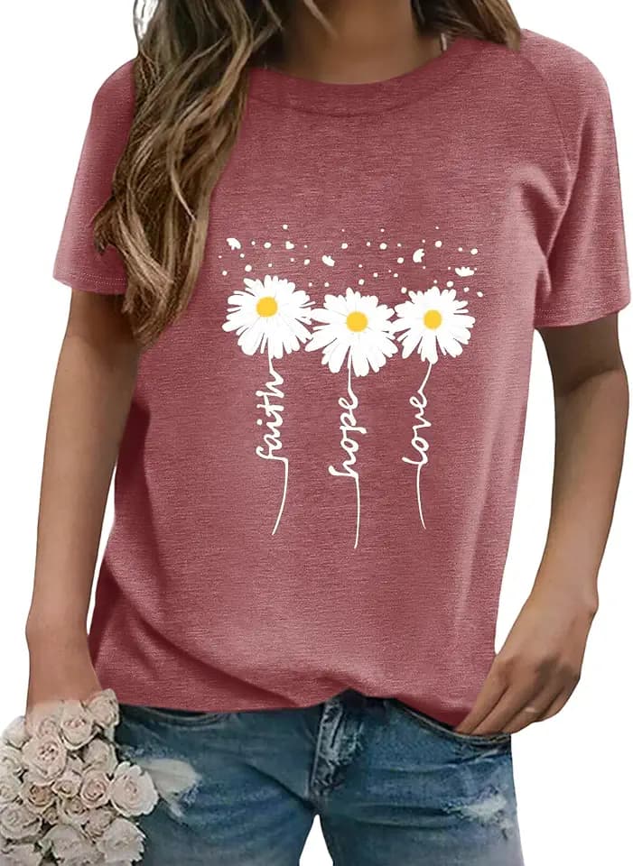 EADINVE Womens Daisy Print T Shirts Summer Crew Neck Short Sleeve Tees 2026