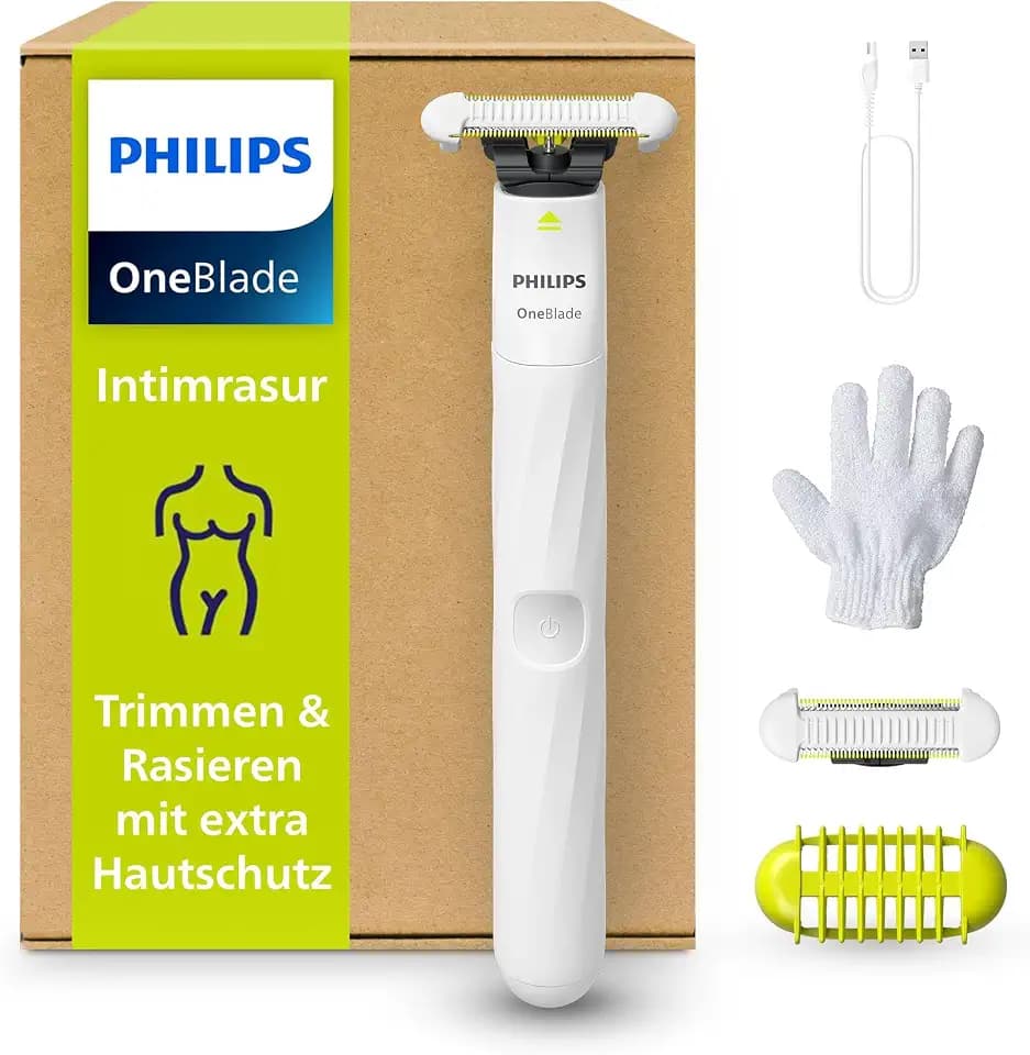 Philips OneBlade Intimate, Intimrasur, Trimmen & Rasieren mit extra Hautschutz, Für eine gründliche und angenehme Rasur – ohne komplett glatt zu rasieren, Modell QP1924/28