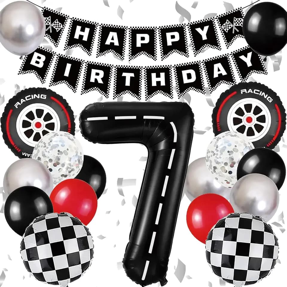 Race Car Birthday Party Decorations, with 40 Inch Racetrack Black Number 7 Balloon, Happy Birthday Banner and Foil Tire Balloon for 7th Racing Theme Birthday Party Decor