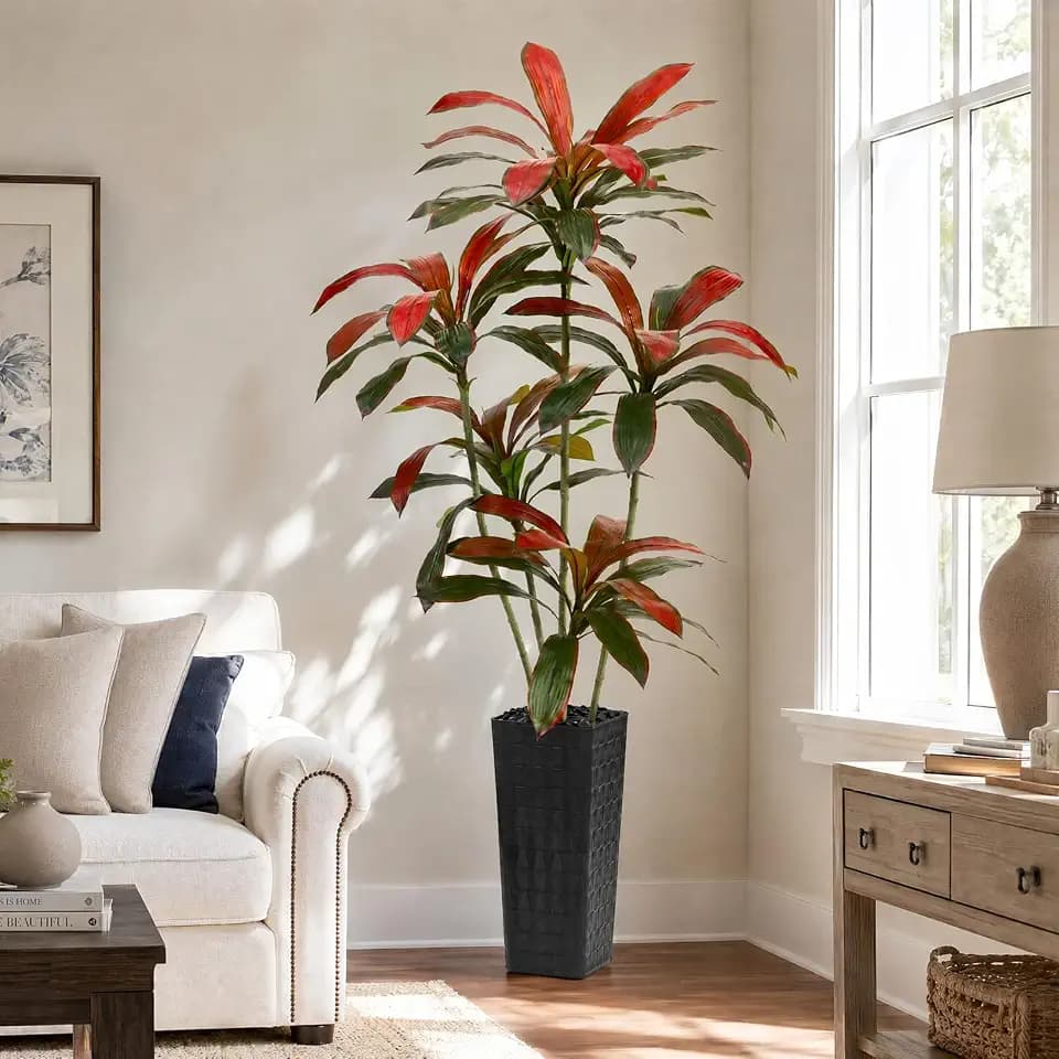 Artificial Red Dracaena Tree 7FT / Black Planter, Faux Plants Indoor