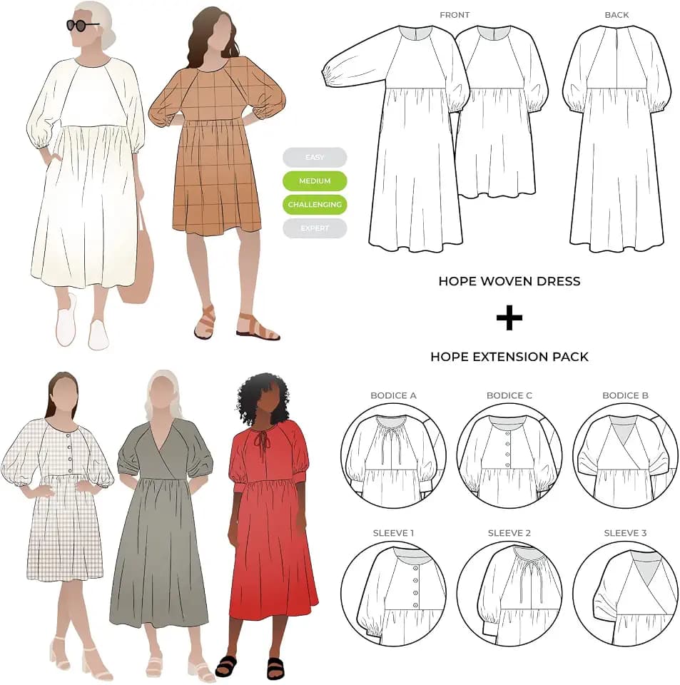 Style Arc Sewing Pattern - Hope Woven Dress Plus Extension Pack Bundle (Sizes 18-30)