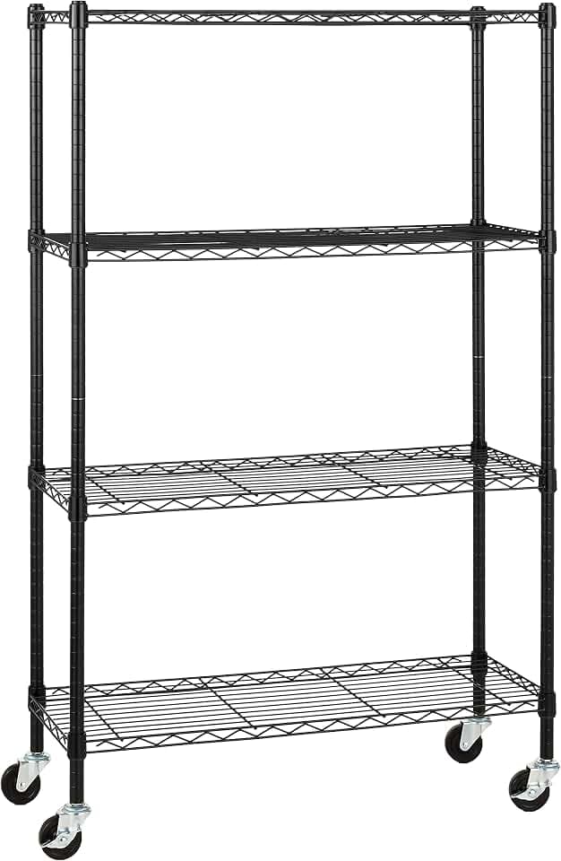 Amazon Basics 4-Shelf Heavy Duty Garage Shelving Storage Unit on 3" Wheel Casters, Adjustable Metal Wire Rack with Leveling Feet, 36" x 14" x 57.75", Black