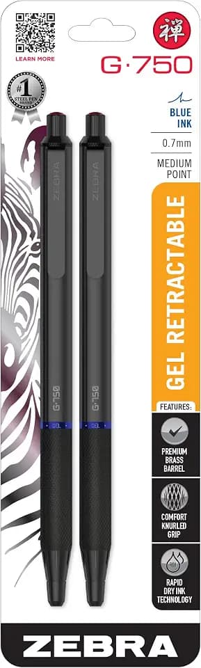 Zebra Pen G-750 Black Brass Retractable Gel Pen, Blue Ink, 0.7mm, 2-Pack
