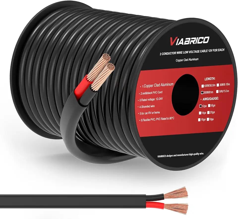 VIABRICO 12 Gauge Wire 2 Conductor Electrical Wire, 12 AWG 3.3mm² PVC Cord, 12V/24V DC Low Voltage/Copper-clad Aluminum/Flexible/2 Wire for Automotive LED Strips Lamp Lighting Marine(61M/200FT)