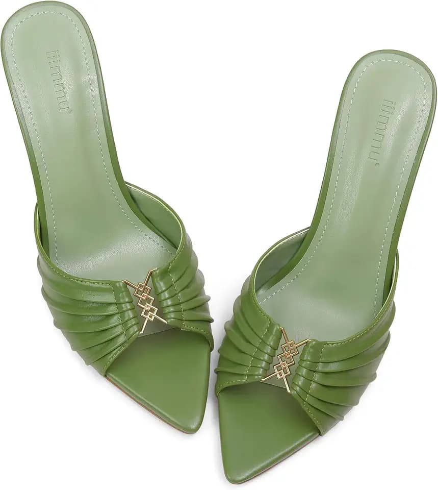 iiimmu 3.5 IN Stiletto Mule High Heels with Pointed Peep Toe Heeled Sandals Faux Leather, Green, Size 7