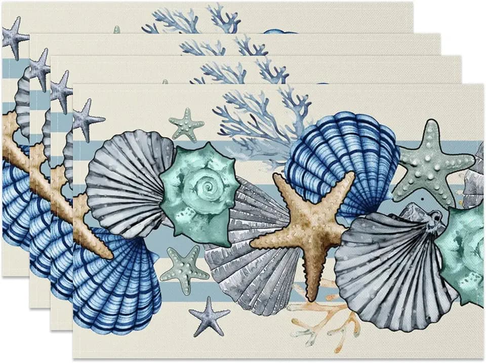 Sea Shell Starfish Beach Placemats Set of 4, 12x18 Inch Seasonal Spring Ocean Coastal Washable Linen Nautical Table Mats for Party Kitchen Dining Decoration