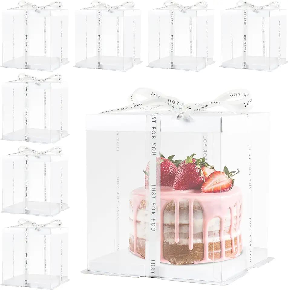 8Pcs Tall Cake Boxes Clear Box with Ribbon, 8x8x9 inch, for 6" cajas para pasteles Tiered Cakes,Transport Gift Boxes for Wedding and Gift Display. (Cream, 8 * 8 * 9 inch/8pcs)