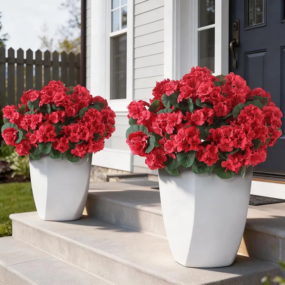24 Bundles 14"Artificial Geranium Flower Bouquet for Front Door(Red)