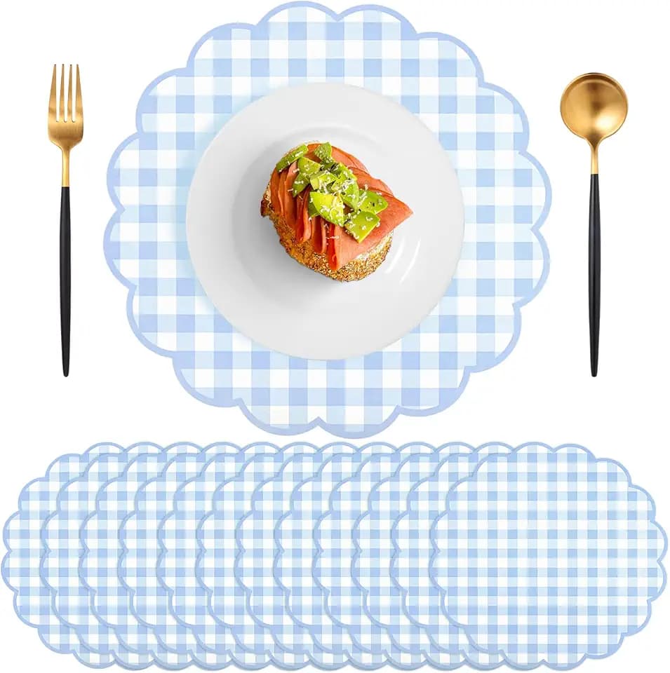 60 Pcs Blue Gingham Paper Placemats, Scalloped Blue Checkered Place Mat