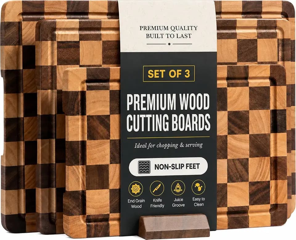 Checkered Wood Cutting Boards for Kitchen, End Grain Acacia Wooden Chopping Board Sets with Stand & Juice Grooves & Handles, Butcher Block Tray for Meat, Vegetables and Fruits, 3pcs