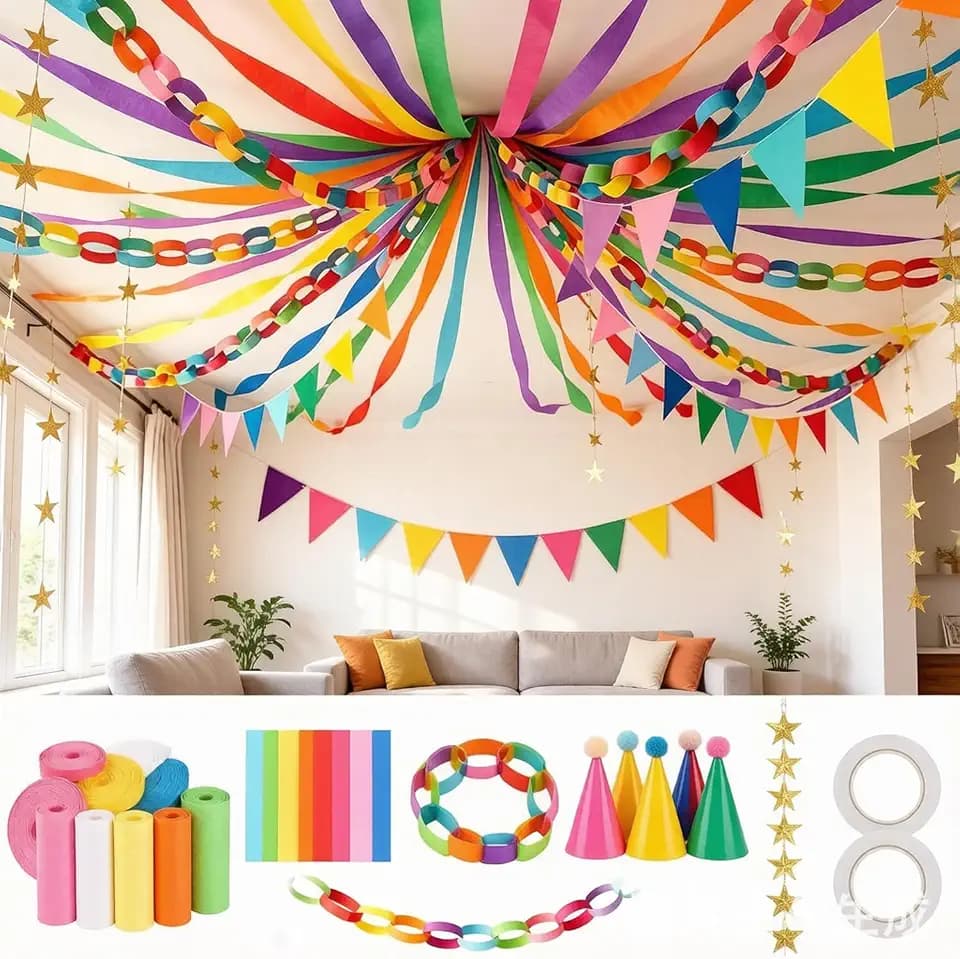 FKDHMQ Paper Chain Garland Kit - 492ft Streamers, 700 Paper Strips, 52ft Gold Star Garland, 5 Party Hats & Tape for Birthday Wedding Decor