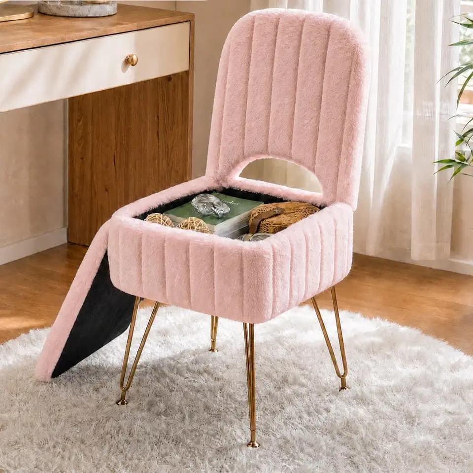 Garvee Vanity Stool Chair with Backrest & Storage,Faux Fur,Pink,Small