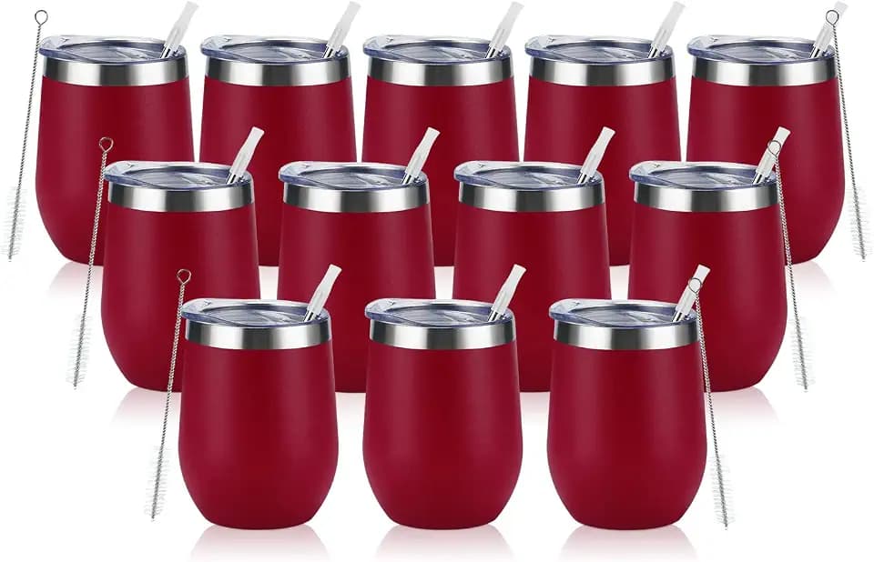 12 Pack Stainless Steel Wine Tumblers, 12Oz Double Wall Vacuum Insulated Wine Tumblers with Lids and Straws, Stainless Steel Stemless Wine Glasses for Coffee, Wine, Cocktails, Champaign, Wine Red…