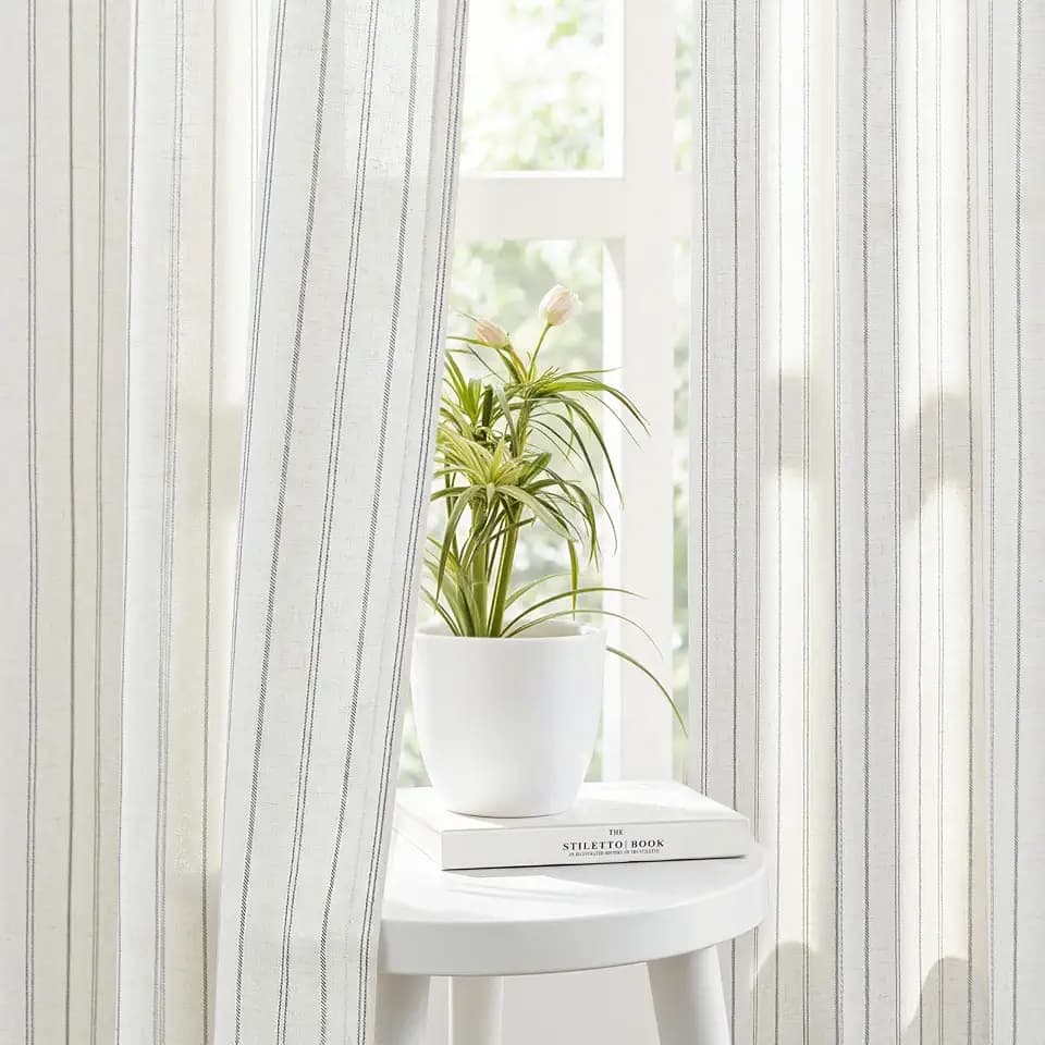 Grey Striped Linen Curtains,Light Filtering Drapes,2 Panels,52x84
