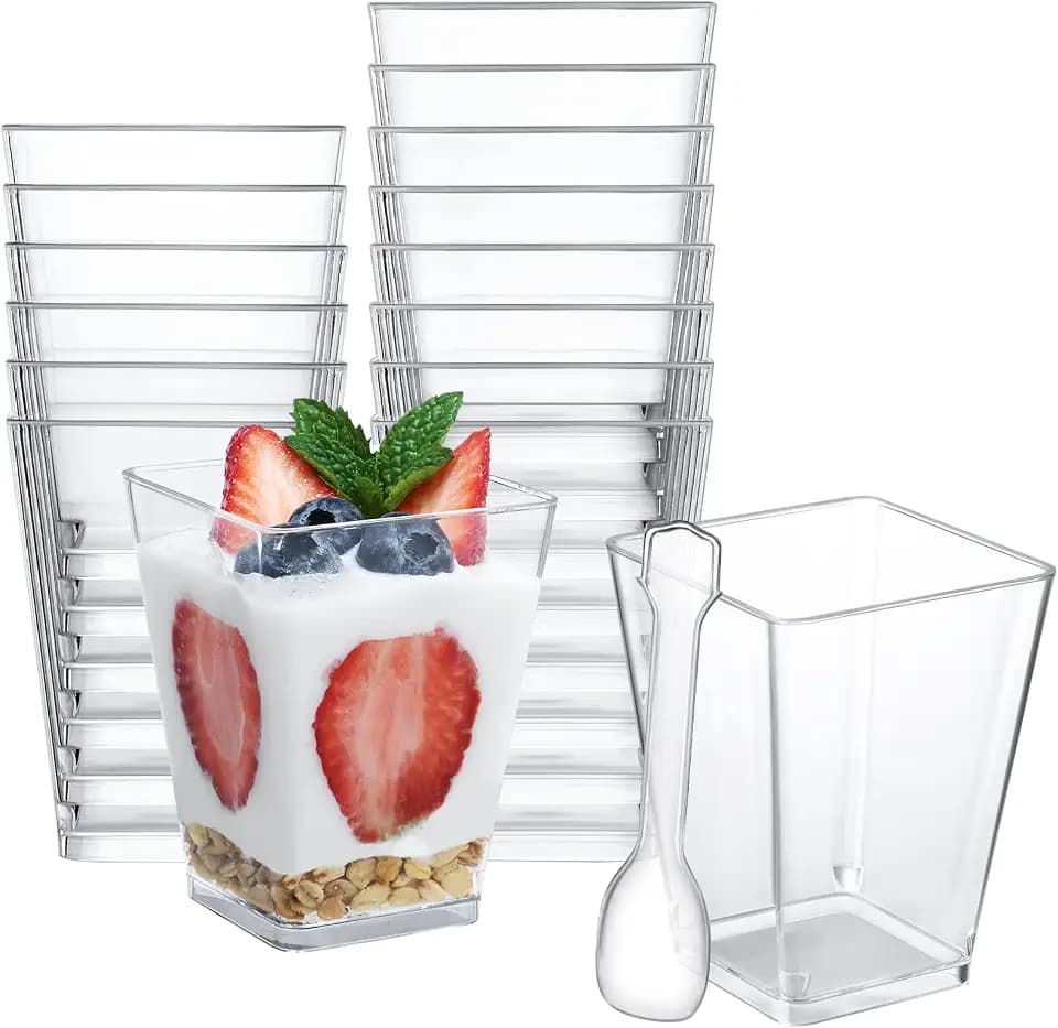 SHOPDAY 5 oz Plastic Dessert Cups 100 Pack, Small Parfait Cups with Spoons