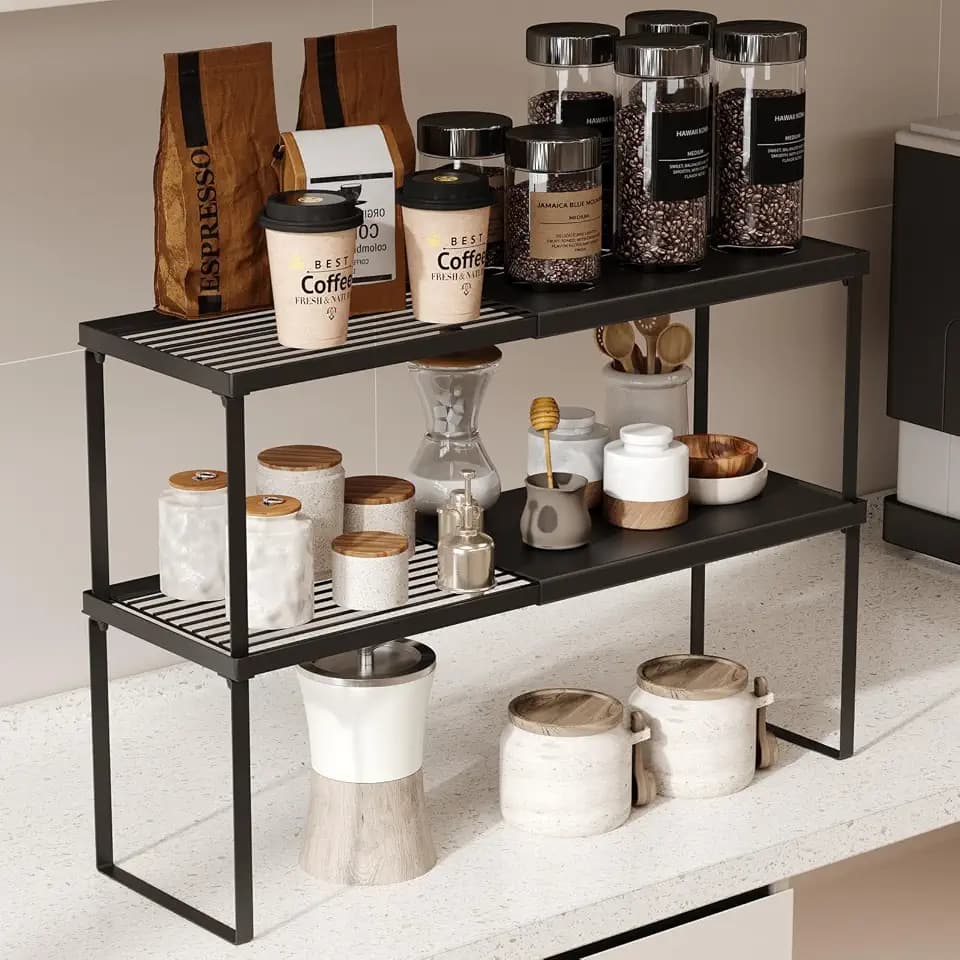 Magheo Expandable Kitchen Countertop Organizer, 2 Pack Stackable Cabinet Shelf Risers, Metal Spice Rack Heavy Duty Counter Organizer Storage for Kitchen, Pantry, Cupboard, Rv (8.7in Height,Black)