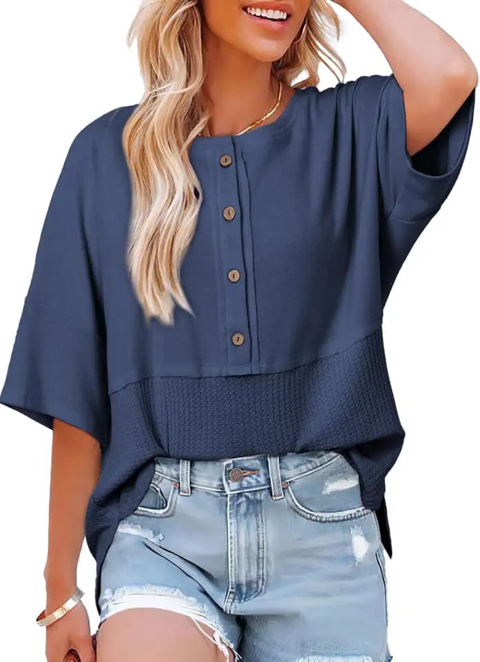 Dokotoo Womens Waffle Knit Tops 3/4 Sleeve Oversized Patchwork Blouses