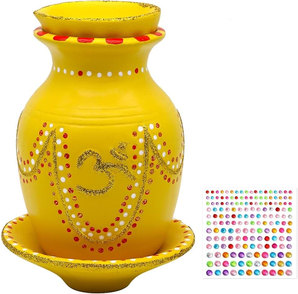 Yellow Ceramic Kalash Pooja Decor- Includes Plate & Diwali Diya Glitter OM Lota Hindu Spiritual Religion Gifts for Wedding Diwali Housewarming Engagement Indian Pooja Item for Home Temple Mandir Altar