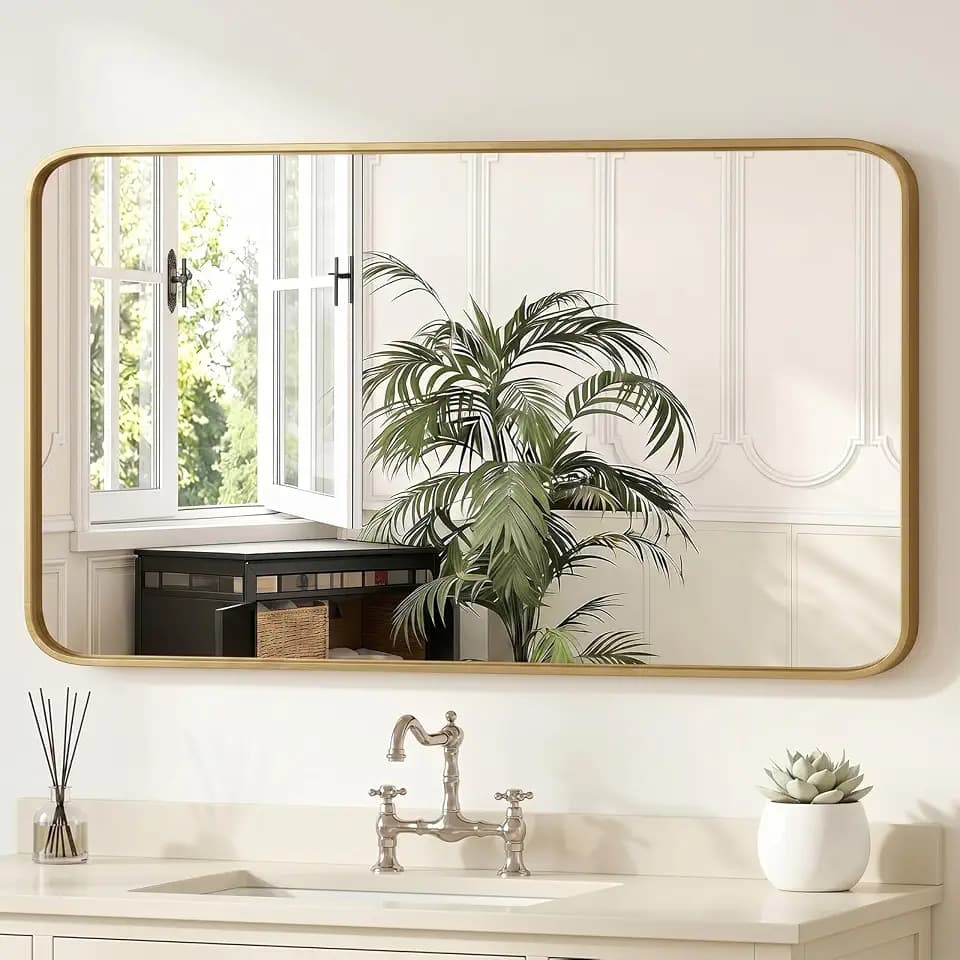 Sweetcrispy Bathroom Wall Mirror, 48x30 Inch Wall Mount Mirror for Over Sink, Modern Rounded Rectangle Vanity Mirrors with Matte Metal Framed, for Home Decor, Living Room, Bedroom, Gold