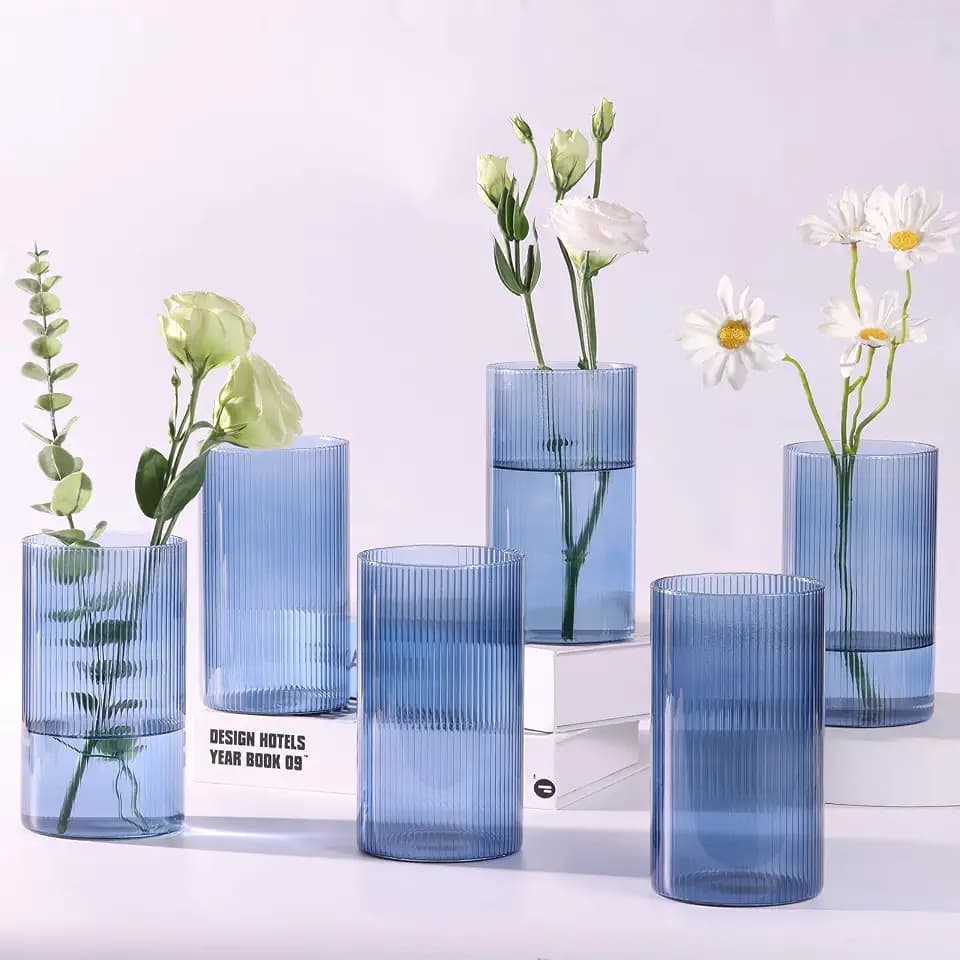 Glass Cylinder Vase 6 Inch Tall- Blue Ribbed Decor for Wedding Centerpieces