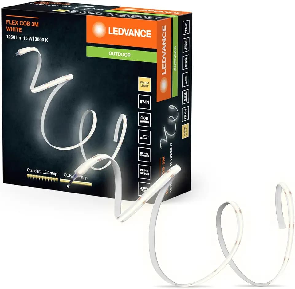 LEDVANCE FLEX COB OUTDOOR 3M LED-Streifen, weiß, 13W, 1900lm, warmweißes Licht, COB-Technologie, homogene Lichtverteilung, lange Lebensdauer, einfache Montage, SchutzkIasse IP44, 3000K