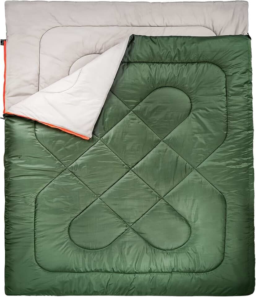Amazon Basics Double Sleeping Bag for Adults, 40°F Cold Weather Two-Person Camping Bag, Queen Size 87" x 59", Olive Green