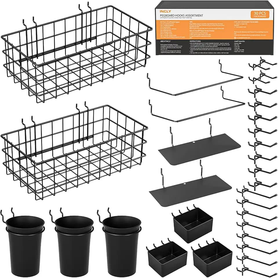INCLY 30PCS Peg Board Organizer Accessories Kit with Bins, Cups & Baskets
