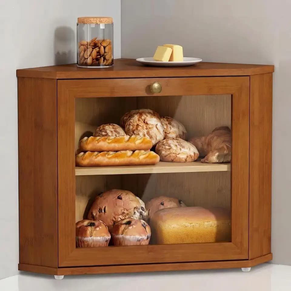 Goozii Walnut Brown Corner Bread Box for Kitchen Countertop, Double Layer Breadbox for Homemade Sourdough Bread, Dark Wooden Vintage Kitchen Counter Cabinet for Baked Goods, Tea, Coffee Beans