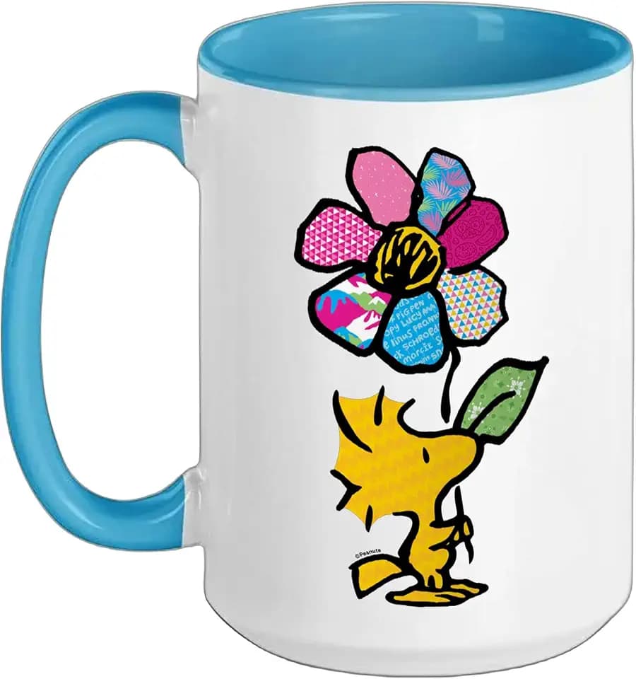 Peanuts - Woodstock With Flower And Pattern Ceramic Mug, Blue/White, 15oz