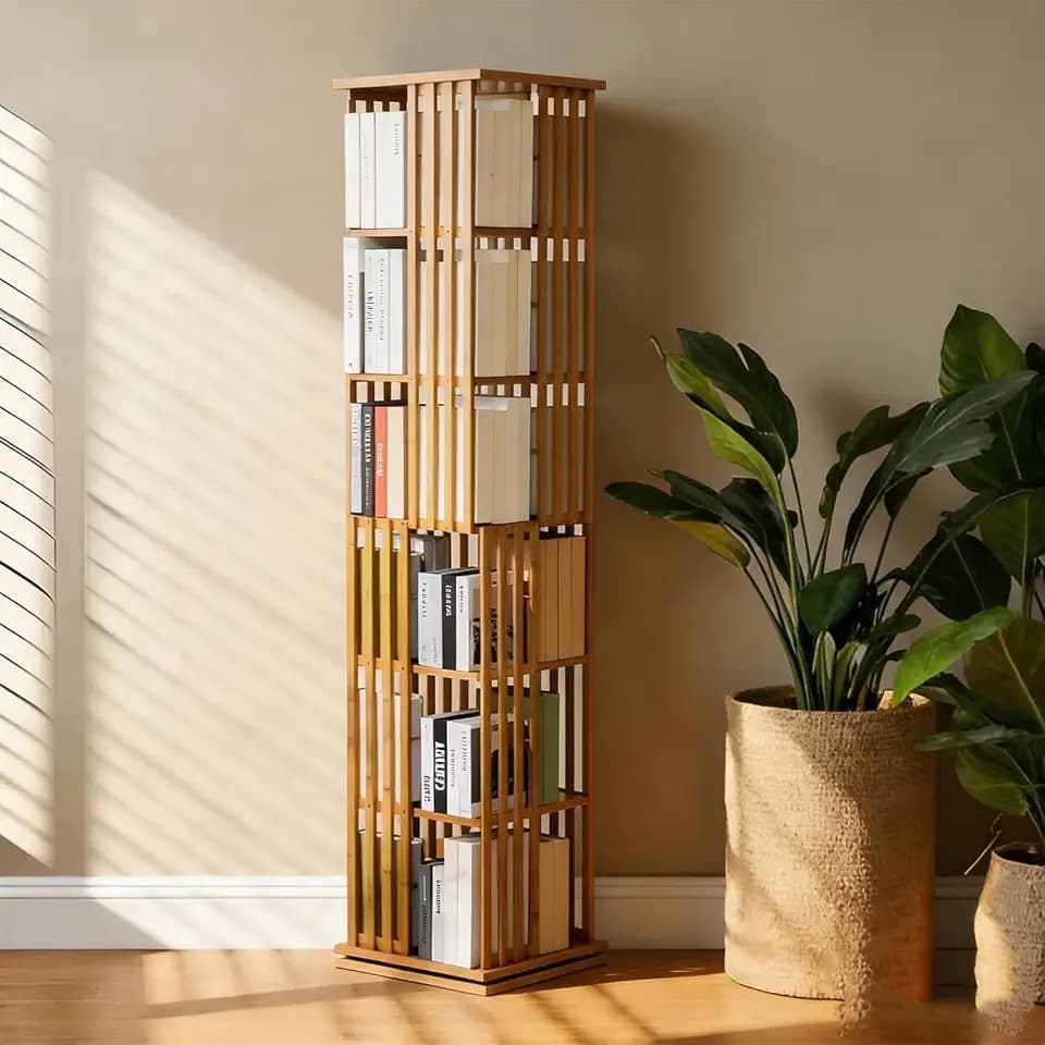 latifolia 6 Tier Rotating Bookshelf Tower, 360° Spinning Bamboo Bookcase, Coner Bookshelf for Office, Living Room, Narrow Space(Brown)