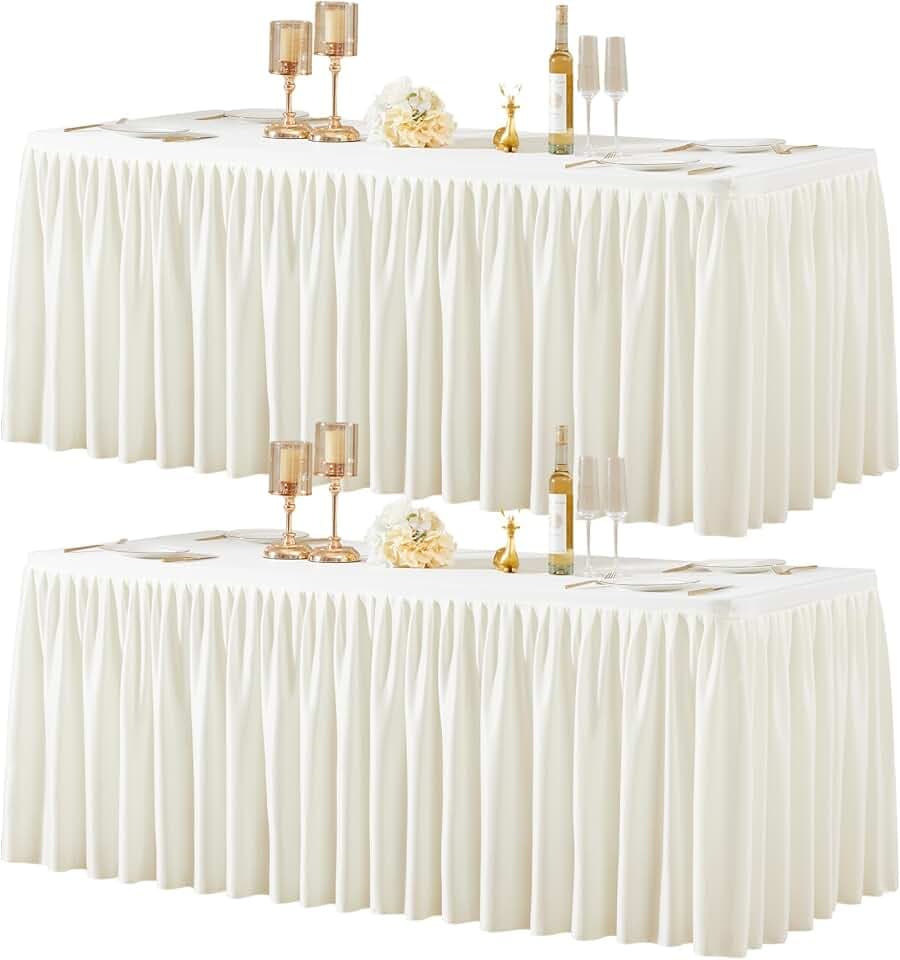 2 Packs Ivory Spandex Tablecloths Rectangle Tables 6ft, Stretch Fitted Table Covers for 6 Foot Tables Wrinkle Free Rectangle Table Cloth with Skirt for Birthday Party Events Banquette Baby Shower