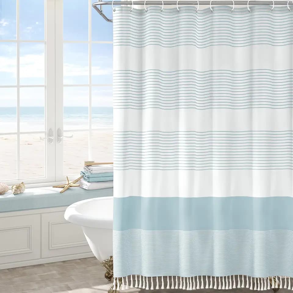 Aqua Blue Coastal Ocean Cotton Striped Shower Curtain with Tassel 72W X 72L