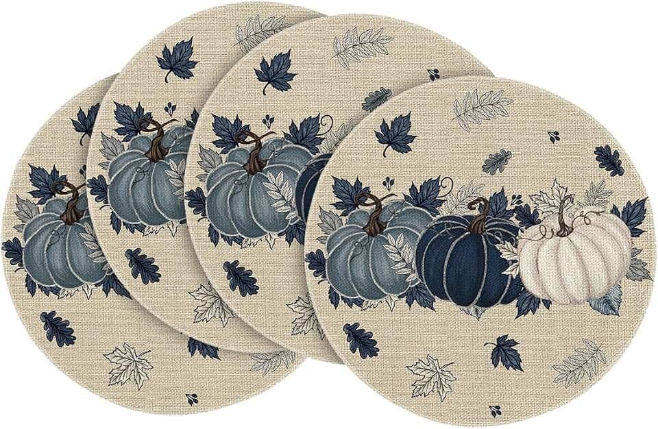 Artoid Mode Navy Blue Pumpkins Round Fall Placemats Set of 4-14 Inch