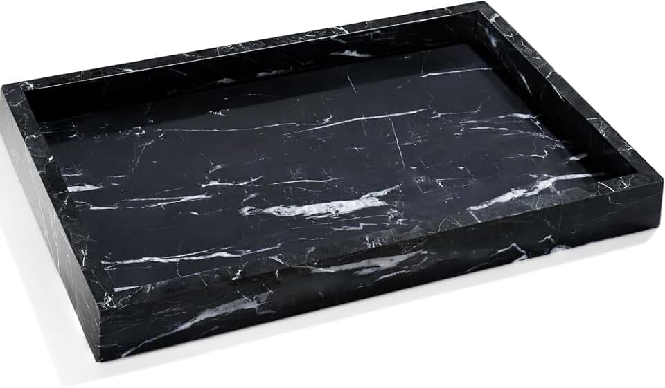 YMXYJM Real Natural Marble Tray for Bathroom, Genuine Marble Stone Vanity Tray, Luxury Storage Trays for Kitchen, Vanity, Home Decor, Dresser, Non-Resin/Non-Ceramic, 12"x 8"x 1.2", Black
