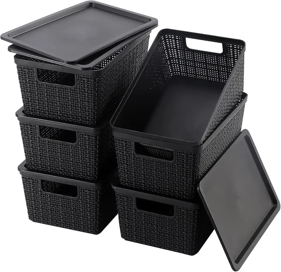 6 Pack Plastic Storage Baskets with Lid,Black Stackable Bins