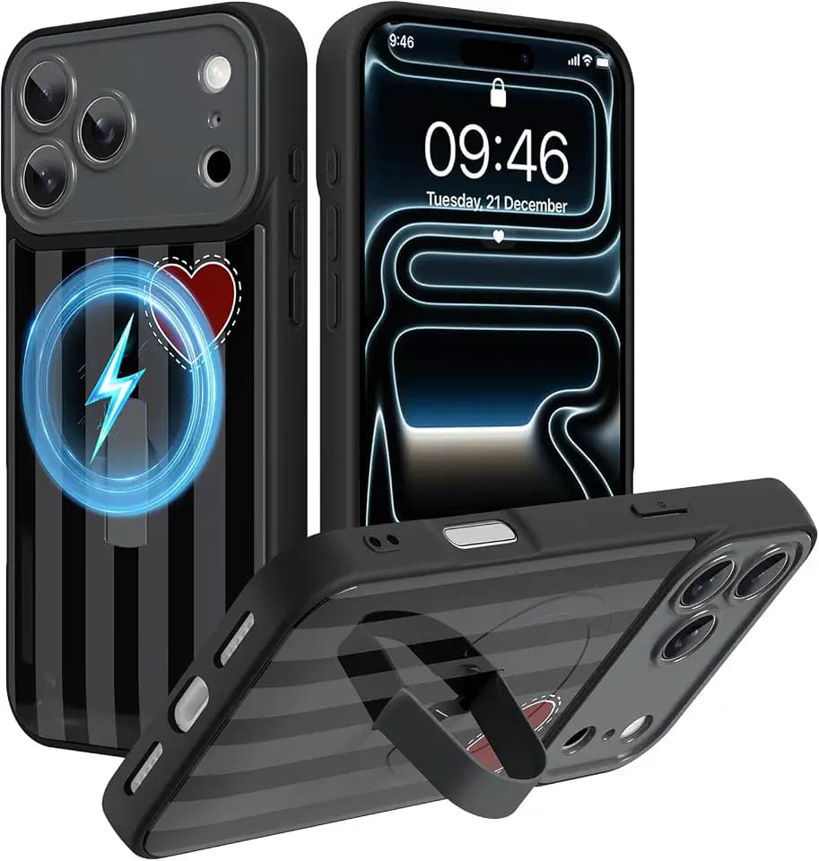 Magnetic Case for iPhone 17 Pro Max, Black Striped Heart Pattern