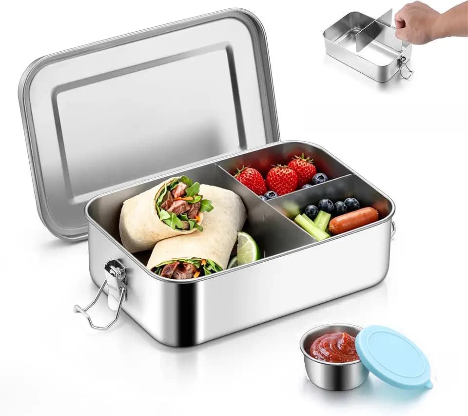 E-far Stainless Steel Lunch Box with 3 Compartments, 47oz for Kids & Adult