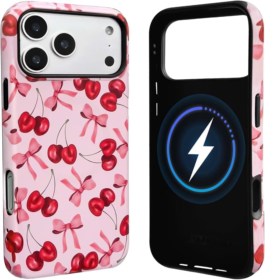 NITITOP Compatible for iPhone 17 Pro Max Case Magnetic Compatible with MagSafe Cute Cherry Bow Ribbon for Women Girls Hybrid 2 Layers Hard Back Shockproof Protective Phone Cover - Matte