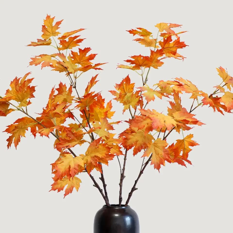KBREE 38” Maple Branches, 4Pcs Artificial Greenery Stems with Realistic Leaves, Faux Plants Indoor Branches for Winter Home or Office Decor, and Wedding Centerpieces (Sunset Yellow-Orange)