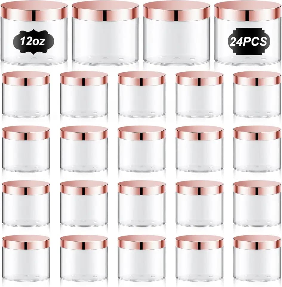 24 Pack 12 oz Clear PET Jars with Rose Gold Lids and Labels for Hair Masks