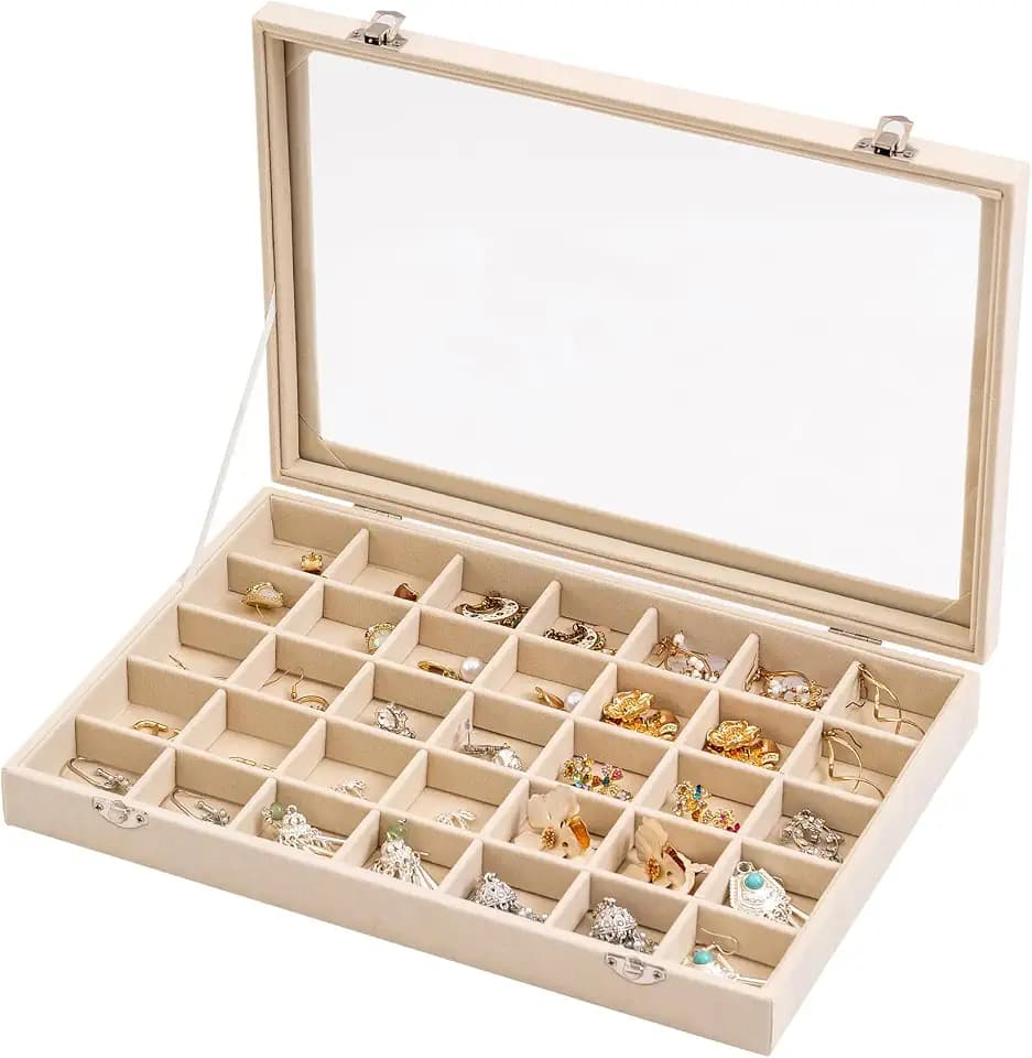 Frebeauty 35 Grid Earring Organizer,Velvet Jewelry Tray with Clear Lid