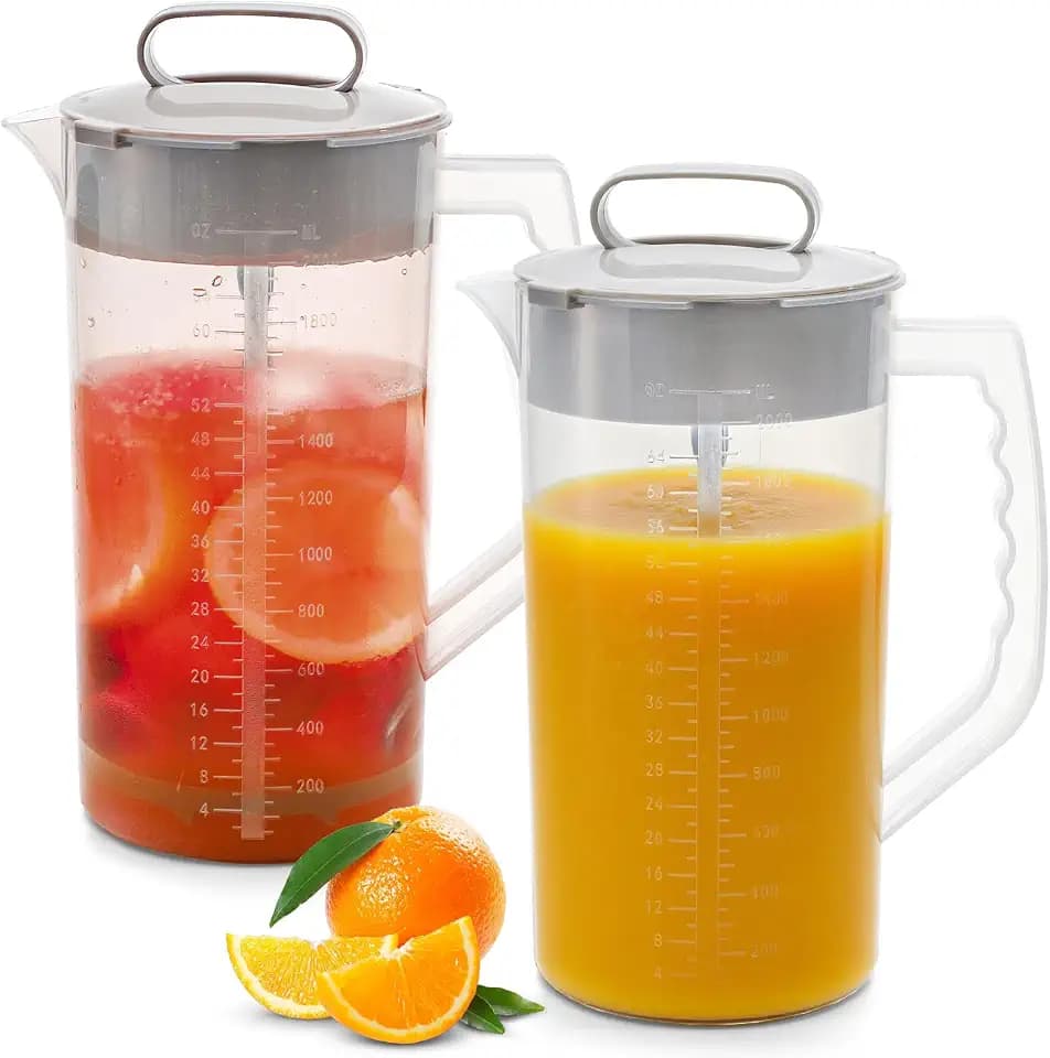 Frcctre 2 Pack Mixing Pitcher for Drinks 2 Quart/ 64oz Plastic Water Pitcher with Lid, Easy-Mix Angled Plastic Blades and Adjustable Mixer Plunger Container for Juice, Milk, Tea, Beverage Container
