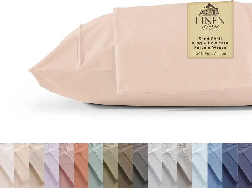 Linen Home King Pillowcases Set of 2, 100% Cotton Percale, Sand Shell