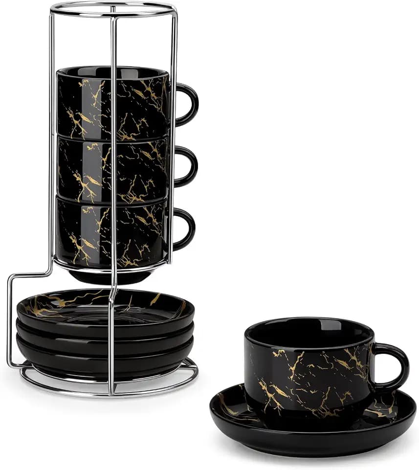 MALACASA Porcelain Espresso Cups Set of 4, with Saucers and Metal Stand, 2.5 Ounce Stackable Cappuccino Cups, Expresso Shots Cup Ceramic Demitasse Mugs, Marble Black