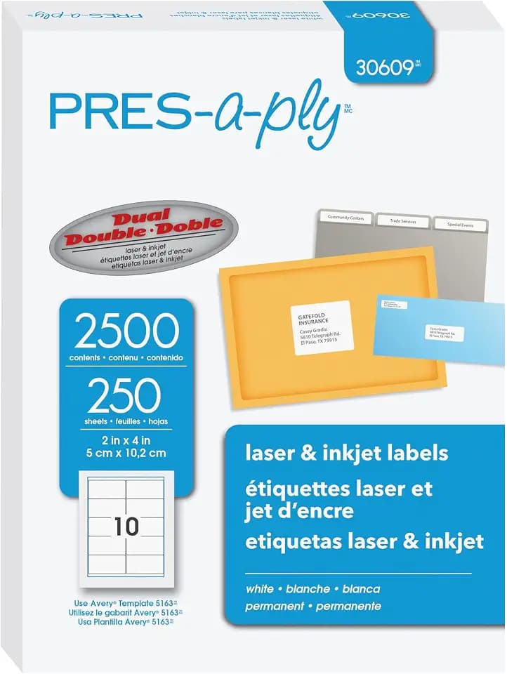 PRES-a-ply Laser Label, 2 x 4 Inches, White, Box of 2500 (30609)